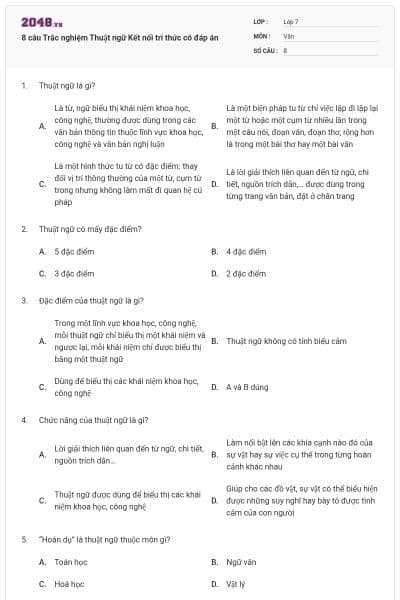 8 câu Trắc nghiệm Thuật ngữ Kết nối tri thức có đáp án