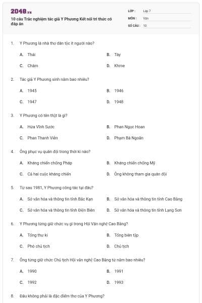 10 câu Trắc nghiệm tác giả Y Phương Kết nối tri thức có đáp án