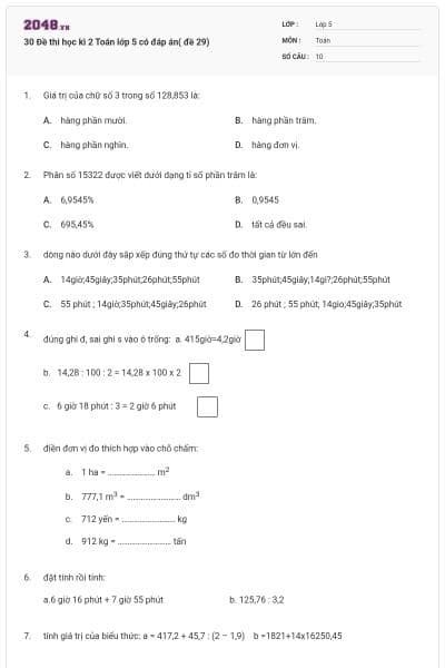 30 Đề thi học kì 2 Toán lớp 5 có đáp án( đề 29)