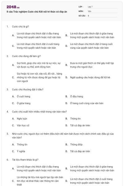 8 câu Trắc nghiệm Cước chú Kết nối tri thức có đáp án