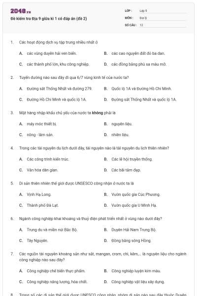 Đề kiểm tra Địa 9 giữa kì 1 có đáp án (đề 2)
