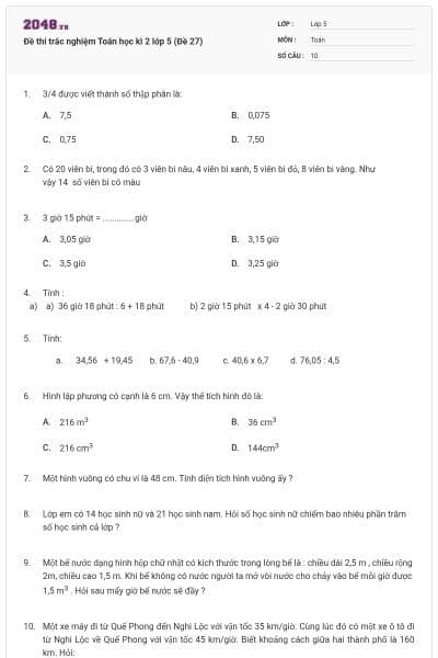 Đề thi trắc nghiệm Toán học kì 2 lớp 5 (Đề 27)