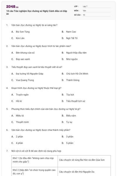 10 câu Trắc nghiệm Dọc đường xứ Nghệ Cánh diều có đáp án