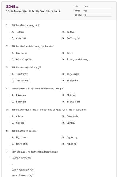 10 câu Trắc nghiệm bài thơ Mẹ Cánh diều có đáp án