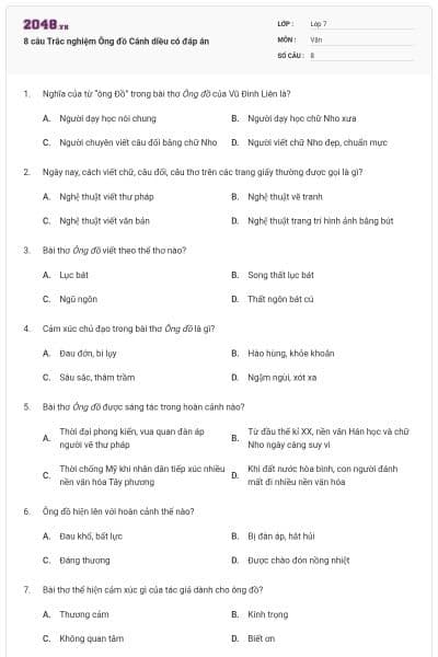 8 câu Trắc nghiệm Ông đồ Cánh diều có đáp án