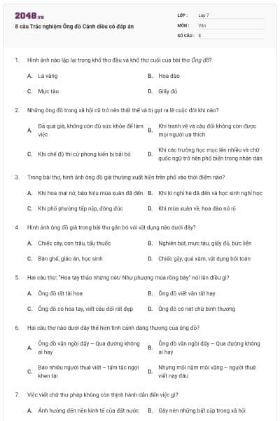 8 câu Trắc nghiệm Ông đồ Cánh diều có đáp án