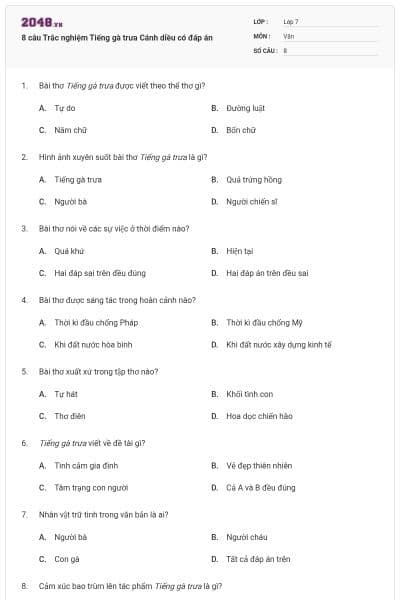 8 câu Trắc nghiệm Tiếng gà trưa Cánh diều có đáp án