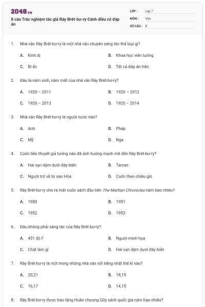 8 câu Trắc nghiệm tác giả Rây Brét-bơ-ry Cánh diều có đáp án
