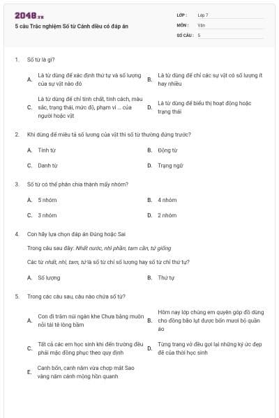 5 câu Trắc nghiệm Số từ Cánh diều có đáp án