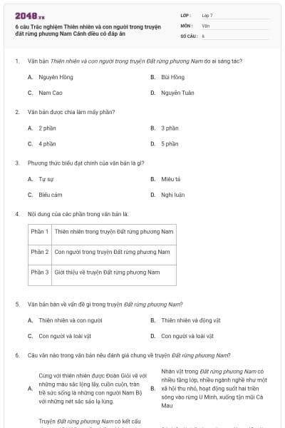 6 câu Trắc nghiệm Thiên nhiên và con người trong truyện đất rừng phương Nam Cánh diều có đáp án