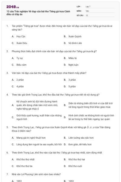 12 câu Trắc nghiệm Vẻ đẹp của bài thơ Tiếng gà trưa Cánh diều có đáp án