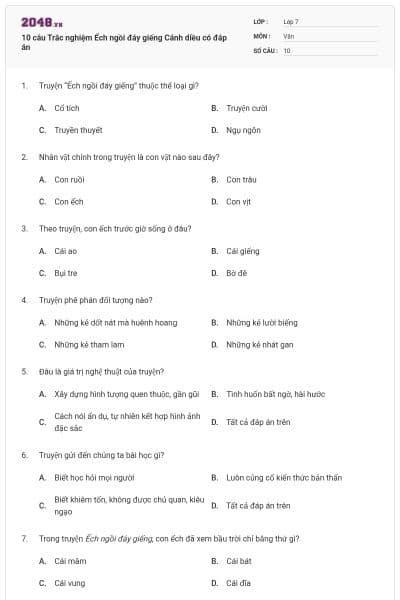 10 câu Trắc nghiệm Ếch ngồi đáy giếng Cánh diều có đáp án