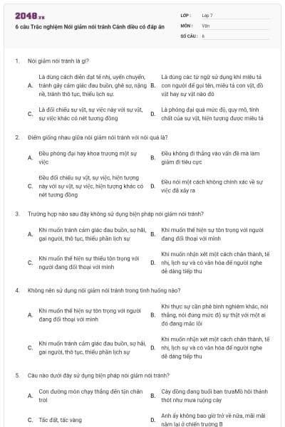 6 câu Trắc nghiệm Nói giảm nói tránh Cánh diều có đáp án