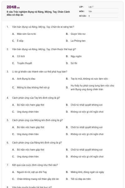 8 câu Trắc nghiệm Bụng và Răng, Miệng, Tay, Chân Cánh diều có đáp án