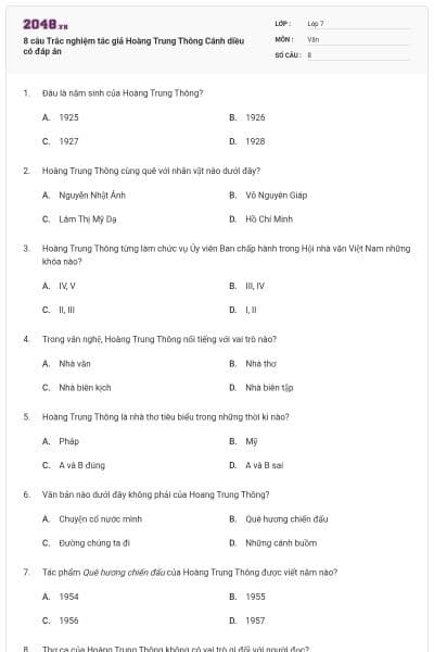 8 câu Trắc nghiệm tác giả Hoàng Trung Thông Cánh diều có đáp án