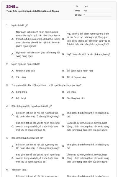 7 câu Trắc nghiệm Ngữ cảnh Cánh diều có đáp án