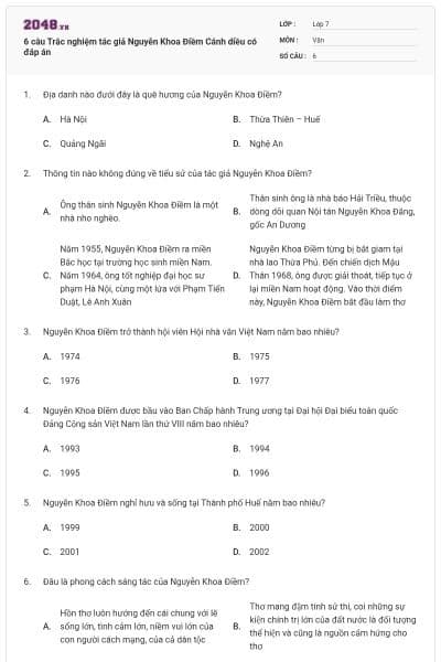 6 câu Trắc nghiệm tác giả Nguyễn Khoa Điềm Cánh diều có đáp án