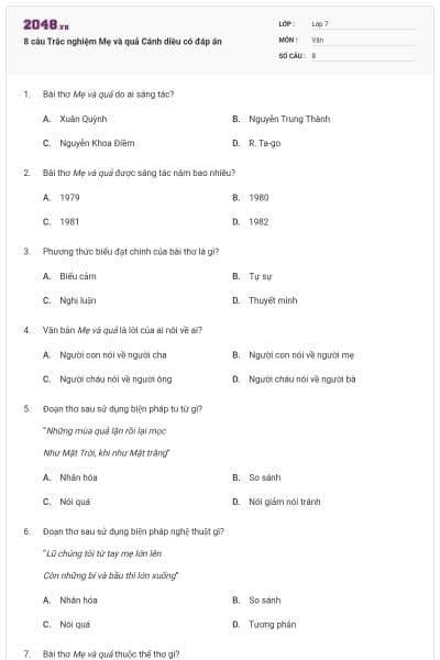 8 câu Trắc nghiệm Mẹ và quả Cánh diều có đáp án