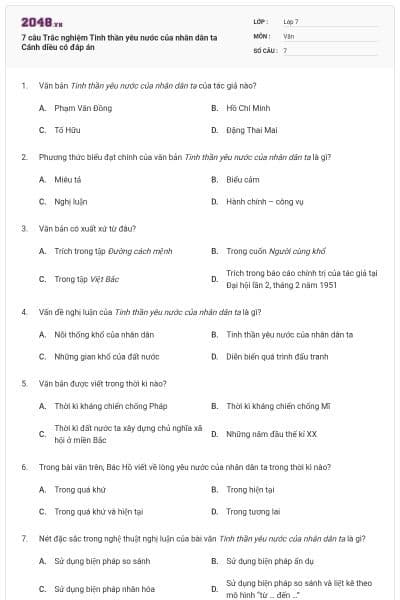 7 câu Trắc nghiệm Tinh thần yêu nước của nhân dân ta Cánh diều có đáp án