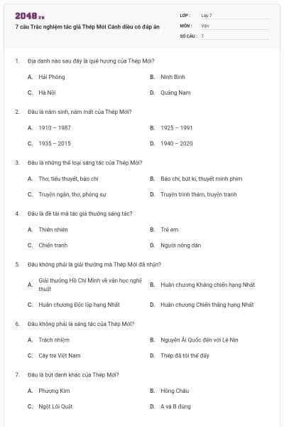 7 câu Trắc nghiệm tác giả Thép Mới Cánh diều có đáp án