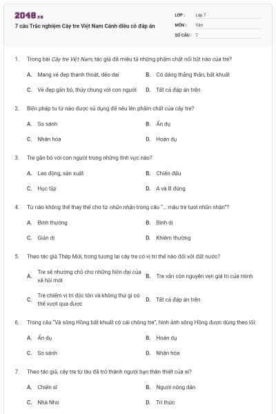 7 câu Trắc nghiệm Cây tre Việt Nam Cánh diều có đáp án