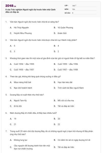 8 câu Trắc nghiệm Người ngồi đợi trước hiên nhà Cánh diều có đáp án