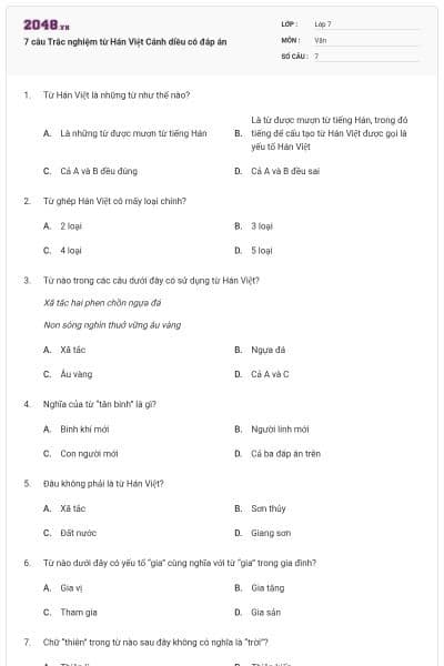 7 câu Trắc nghiệm từ Hán Việt Cánh diều có đáp án