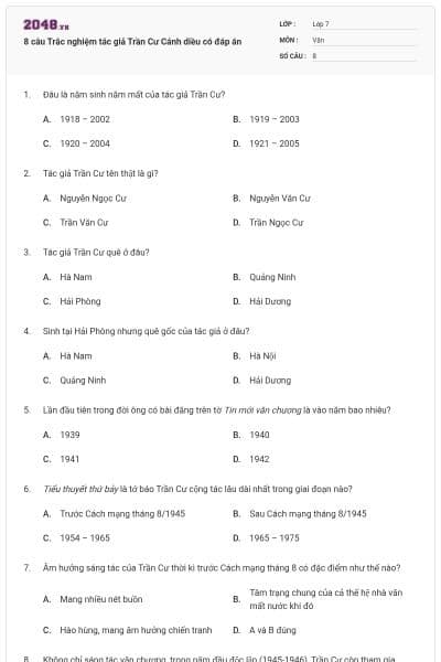 8 câu Trắc nghiệm tác giả Trần Cư Cánh diều có đáp án