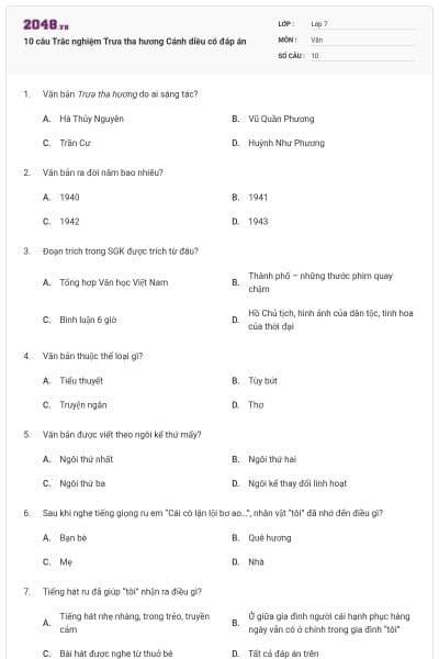 10 câu Trắc nghiệm Trưa tha hương Cánh diều có đáp án