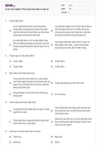 8 câu Trắc nghiệm Thuật ngữ Cánh diều có đáp án