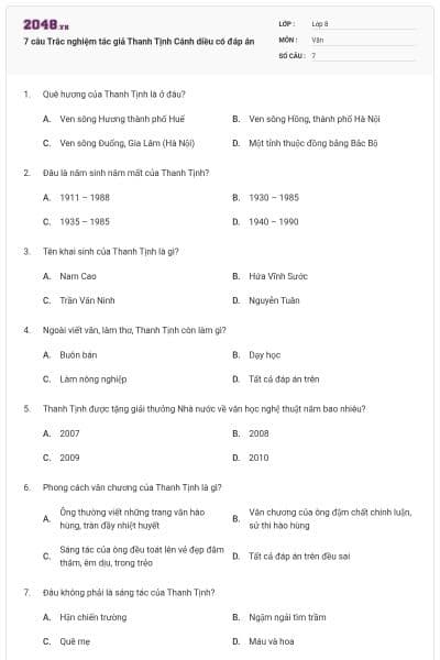 7 câu Trắc nghiệm tác giả Thanh Tịnh Cánh diều có đáp án