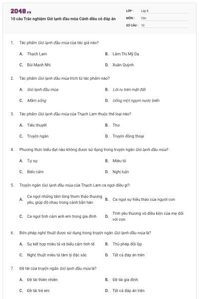 10 câu Trắc nghiệm Gió lạnh đầu mùa Cánh diều có đáp án