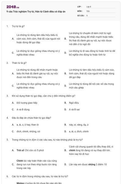 9 câu Trắc nghiệm Trợ từ, Hán từ Cánh diều có đáp án