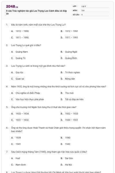 8 câu Trắc nghiệm tác giả Lưu Trọng Lưu Cánh diều có đáp án