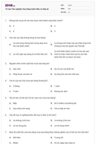 14 câu Trắc nghiệm Sao băng Cánh diều có đáp án