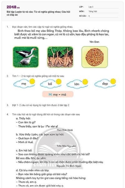 Bài tập Luyện từ và câu: Từ có nghĩa giống nhau; Câu hỏi có đáp án