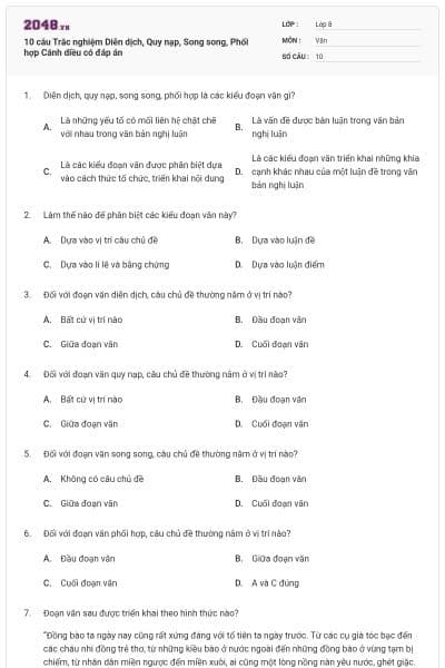 10 câu Trắc nghiệm Diễn dịch, Quy nạp, Song song, Phối hợp Cánh diều có đáp án