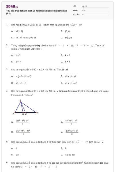 100 câu trắc nghiệm Tích vô hướng của hai vectơ nâng cao (P2)