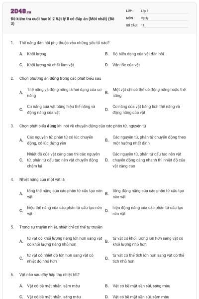 Đề kiểm tra cuối học kì 2 Vật lý 8 có đáp án (Mới nhất) (Đề 3)