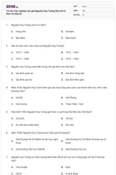 10 câu Trắc nghiệm tác giả Nguyễn Huy Tưởng Kết nối tri thức có đáp án