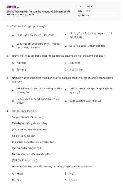 10 câu Trắc nghiệm Từ ngữ địa phương và Biệt ngữ xã hội Kết nối tri thức có đáp án