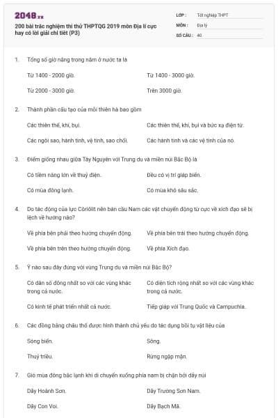 200 bài trắc nghiệm thi thử THPTQG 2019 môn Địa lí cực hay có lời giải chi tiêt (P3)