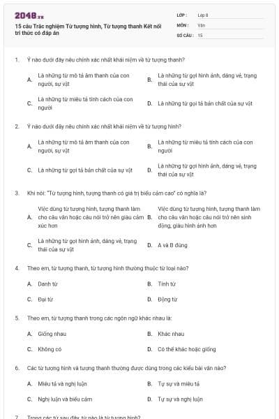 15 câu Trắc nghiệm Từ tượng hình, Từ tượng thanh Kết nối tri thức có đáp án