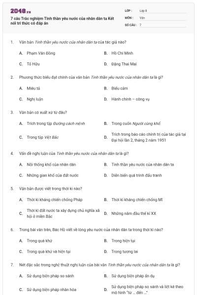 7 câu Trắc nghiệm Tinh thần yêu nước của nhân dân ta Kết nối tri thức có đáp án