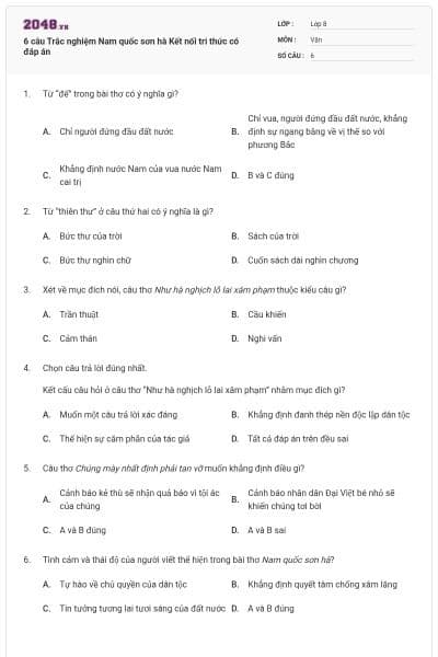 6 câu Trắc nghiệm Nam quốc sơn hà Kết nối tri thức có đáp án