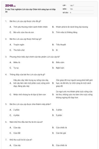 9 câu Trắc nghiệm Lời của cây Chân trời sáng tạo có đáp án