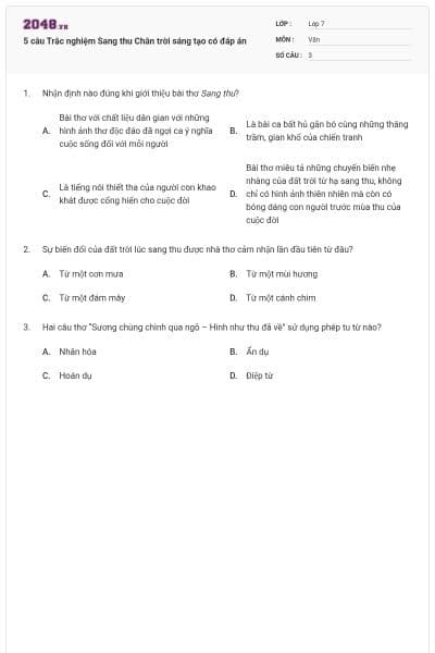 5 câu Trắc nghiệm Sang thu Chân trời sáng tạo có đáp án