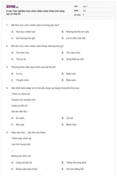 8 câu Trắc nghiệm Con chim chiền chiện Chân trời sáng tạo có đáp án