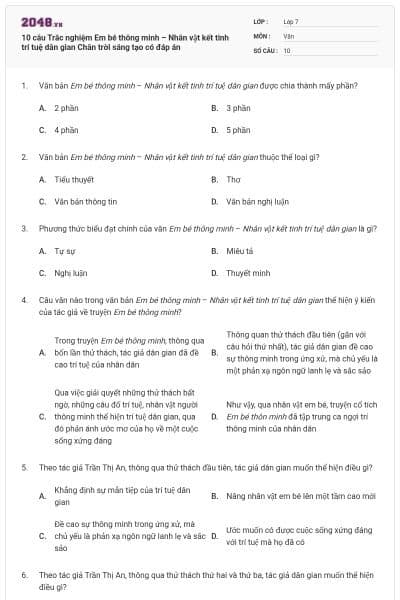 10 câu Trắc nghiệm Em bé thông minh – Nhân vật kết tinh trí tuệ dân gian Chân trời sáng tạo có đáp án