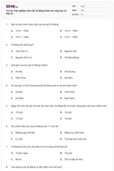 10 câu Trắc nghiệm nhà văn Vũ Bằng Chân trời sáng tạo có đáp án